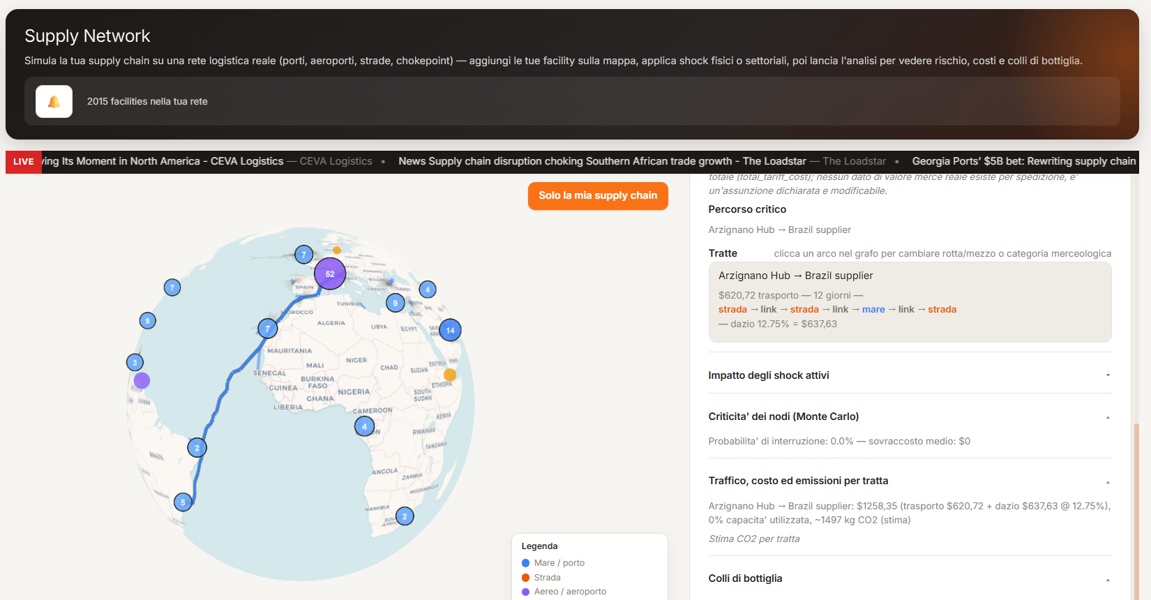 Datastripes Studio supply chain simulation: global facility network with live disruption feed and route breakdown