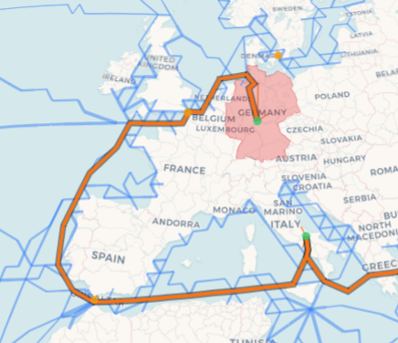 Datastripes Studio scenario planning: one rerouted branch highlighted against the full European route network